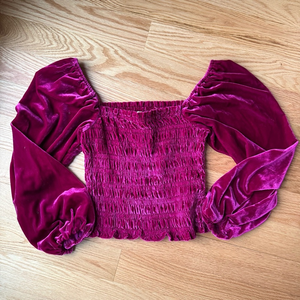 Anthropologie Jewel-Tone Pink Puff-Sleeve Velvet Blouse Peasant Smocked - Size S